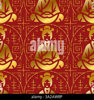 Gold Chinesische Meditierende Figur Vektor nahtloses Muster mit komplizierten geometrischen Elementen auf rotem Hintergrund, inspiriert von der orientalischen Kultur. Stock Vektor