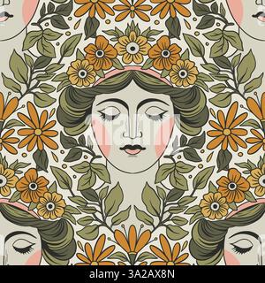 Blumenfrau Art Nouveau Vektor Nahtlose Muster Mit Eleganten Weiblichen Gesichtern, Blumen Und Blättern Im Vintage-Stil. Stock Vektor