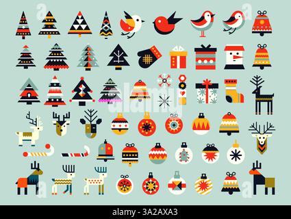 Festliche geometrische Weihnachtssymbole mit Bäumen, Ornamenten, Rentieren, Glocken und Geschenken in Einem fetten, flachen Vektor-Stil Stock Vektor