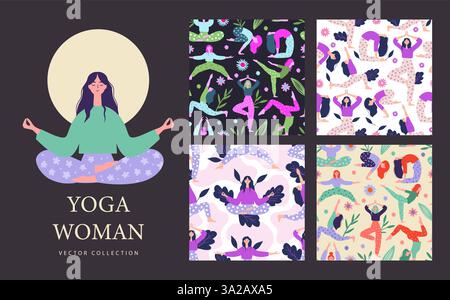 Bunte Yoga Pose Frau Meditieren Vektor Set Kollektion Nahtlose Muster. Meditation Stretching Fitness Hintergrundbild Stock Vektor