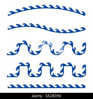 Meereswellen gesetzt. Blaue dekorative Linien. Seewasserbewegung. Gebogene Meereselemente. Stock Vektor