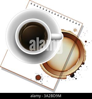 Vektorillustration einer Kaffeetasse auf einem Notebook mit Kaffeeflecken, realistische Texturen und eine Ansicht von oben nach unten Stock Vektor