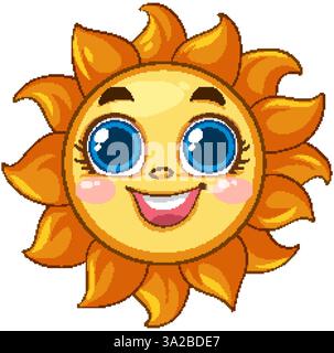 Fröhliche Karikatursonne mit hellen Augen und fröhlich lächelndem Ausdruck Stock Vektor