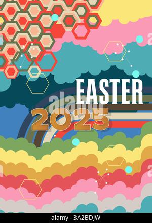 Retro 70s Hintergrund mit Ostern 2025 Text. Groovige Kunstvorlage aus den 1970er Jahren. Minimalistisches Poster im Vintage-Design. Altmodische Farbvorlagen. Stock Vektor