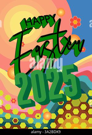 Retro 70s Hintergrund mit Ostern 2025 Text. Groovige Kunstvorlage aus den 1970er Jahren. Minimalistisches Poster im Vintage-Design. Altmodische Farbvorlagen. Stock Vektor