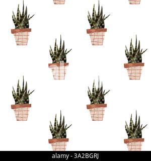 Nahtloses Aquarell- und Bleistiftmuster. Schlangenpflanze handgezeichnete Illustration. Farbillustration von Sansevieria Trifasciata Laurentii. Innenanlage. Stockfoto