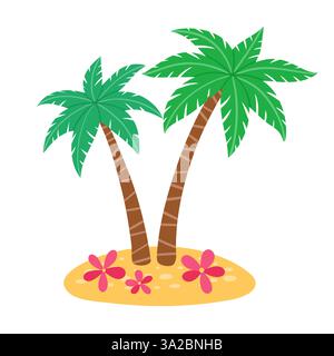 Zwei Comic-Palmen auf einer kleinen Insel mit rosa Blumen. Lebendige, tropische Illustration. Ideal für Sommer, Urlaub oder Naturthemen. Stock Vektor