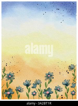 Aquarellgrunge Sunrise Hintergrund mit Blumen Stock Vektor