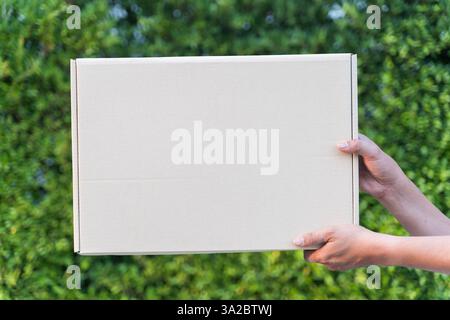Hände halten Karton mit weiteren Schachteln auf grünem Blatthintergrund. Leere Pappschachtel, Hände halten, Pflanzenhintergrund, umweltfreundliche Verpackung Stockfoto
