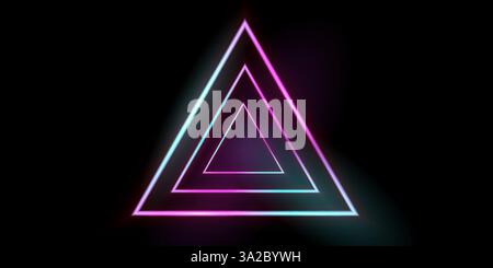 LED-Tunnel in der Perspektive. Dreieckiger Neonrahmen. 3D-Vektorillustration isoliert auf dunklem Hintergrund. Stock Vektor