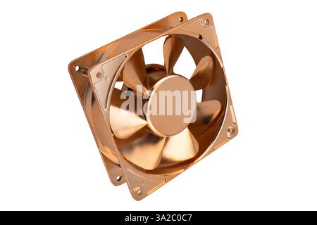 CPU-Lüfter. Computer-Kühler oder Kühllüftung für Computer isoliert auf weißem Hintergrund. Kupferlüfter des Computers isoliert Stockfoto
