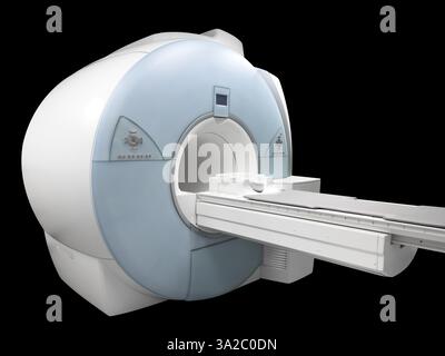 MRT-Scanner – Magnetresonanztomographie, isoliert auf schwarzem Hintergrund. Medizinisches Diagnosegerät isoliert. Stockfoto