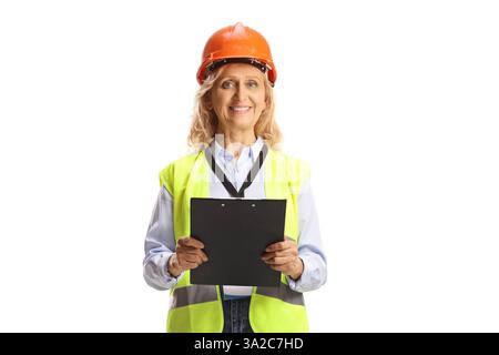 Bauingenieurin mit Sicherheitsweste und Schutzhelm isoliert auf weißem Hintergrund Stockfoto
