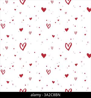 Rote Herzen. Coquettkern. Nahtloses Muster EPS Vektor Hand gezeichnet für romantisch, valentinstag und Hochzeit Design, netter Kern, mädchenhaft, Textil, Verpackung, Stoff, Tapeten und Scrapbooking. Umrissskizze. Stock Vektor