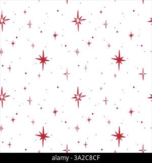 Rote Sterne, groß und klein. Nahtloses Muster EPS Vektor Hand gezeichnet für festliches Verpackungspapier, Textil, Verpackung, Stoff, Tapete, Design, Winterferien und Scrapbooking. Umrissskizze. Stock Vektor