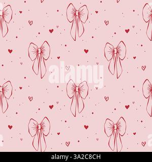 Rote Bögen und Herzen auf rosafarbenem Hintergrund. Coquettkern. Nahtloses Muster EPS Vektor Hand gezeichnet für mädchenhaft, romantisch, Hochzeitsdesign, Textil, Verpackung, Stoff und Scrapbooking-Papier. Umrissskizze. Stock Vektor