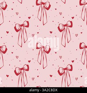 Rote Bögen und Herzen auf rosafarbenem Hintergrund. Coquettkern. Nahtloses Muster EPS Vektor Hand gezeichnet für mädchenhaft, romantisch, Hochzeitsdesign, Textil, Verpackung, Stoff, Tapete, Scrapbooking. Umrissskizze. Stock Vektor