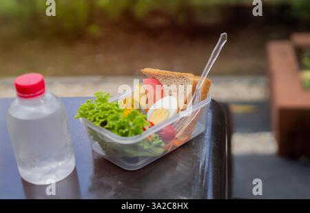 Gesunde Essensbox oder Lunchbox und Wasserflasche auf schwarzem Felsentisch im Park. Gesunder Lebensstil veganes Lebensmittelkonzept. Selektiver Fokus. Stockfoto
