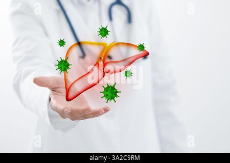 Doktor hält Illustration der ungesunden Leber auf weißem Hintergrund, Nahaufnahme Stockfoto