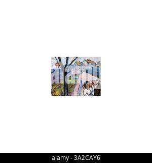 Die Straße in Kragerø von Edvard Munch, gemalt zwischen 1910 und 1911, zeigt eine Straßenszene in der norwegischen Stadt Kragerø. Die Arbeit spiegelt Munchs Erforschung des städtischen Lebens und der psychologischen Tiefe im Alltag wider. Stockfoto