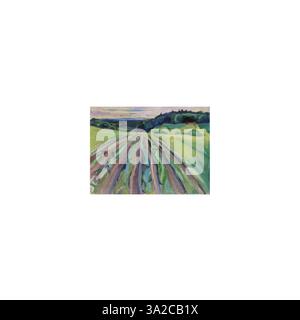 „Fields at Ekely“ von Edvard Munch stellt eine ländliche Landschaft mit Feldern dar, die Munchs Erforschung der Rolle der Natur für menschliche Emotionen und Introspektion widerspiegelt. Die Arbeit beleuchtet die psychologische Atmosphäre der Landschaft. Stockfoto