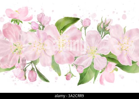Frühlingsblumen und -Blätter, helle Blütenblätter und gelbe Staubblätter. Nahtloser Rand. Digitale Illustration mit Aquarell. Rosa Knospen auf Sakura, blühende Japaner Stockfoto
