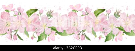 Frühlingsblumen und -Blätter, helle Blütenblätter und gelbe Staubblätter. Nahtloser Rand. Digitale Illustration mit Aquarell. Rosa Knospen auf Sakura, blühende Japaner Stockfoto