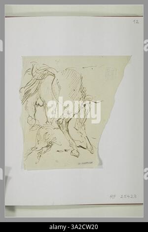 Chassériaus Zeichnung zeigt drei Studien der Hinterhand (Kruppe) eines Pferdes mit Schwerpunkt auf ihrer Muskelstruktur und Haltung. Stockfoto