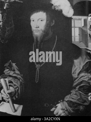 Joos van Cleves um 1530 entstandenes Porträt eines Mannes in der Münchener zentralen Sammelstelle veranschaulicht die Fähigkeit des Künstlers, realistische Gesichtszüge und komplizierte Details zu erfassen. Das Öl auf der Platte ist ein klassisches Beispiel für den Stil der nördlichen Renaissance. Stockfoto