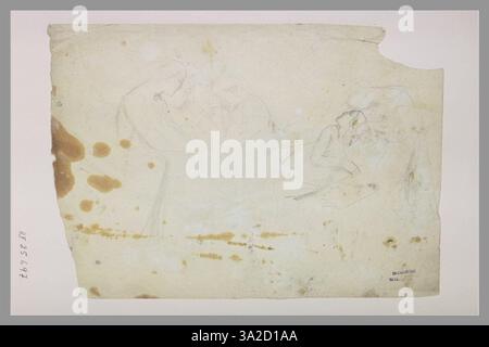 Chassériaus Zeichnung zeigt drei sitzende Frauen um einen Tisch, wobei sich eine Frau über eine andere beugt. Die Szene fängt einen Moment der Interaktion ein und betont Bewegung und Komposition. Stockfoto