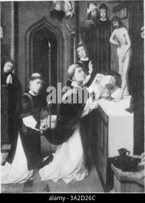 Dieses Stück zeigt die Verwendung von Ölfarben von Memlinc und David mit einem religiösen Thema mit sehr detaillierten Figuren. Die feine Darstellung von Texturen und die Aufmerksamkeit auf Gesichtsausdrücke veranschaulichen die emotionale Verbindung, die im Mittelpunkt des frühen niederländischen Stils steht. Stockfoto