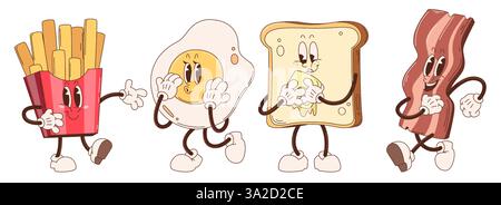 Retro-Frühstücksfiguren isoliert auf weißem Hintergrund. Vektor-Karikaturillustration von Pommes frites, Ei, Butter Toast, Speck Maskottchen lächelnd, süße Lebensmittel Ikonen für Café oder Restaurant Menü Design Stock Vektor