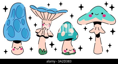 Süße Kawaii-Pilzfiguren mit lächelnden Gesichtern. Cartoon Fantasy Waldpilze umgeben von funkelnden Sternen auf weißem Hintergrund. Skurrile botanische Zeichentrickentwürfe für Kinderillustrationen. Stock Vektor