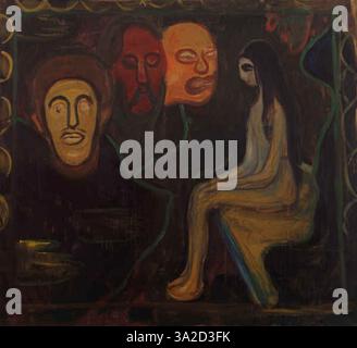 Mädchen und drei Männerköpfe zeigen eine Frau und drei männliche Köpfe und zeigen in seinen frühen Arbeiten die Auseinandersetzung mit menschlichen Beziehungen und emotionaler Komplexität. Das Ölgemälde weist eine psychologische Ausdruckstiefe und gedämpfte Farben auf. Stockfoto