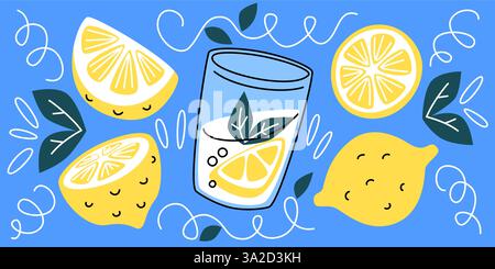 Zitronengetränk-Doodle-Set - Cartoon-Glas Limonade, süße Zitrusfruchtescheiben, ganz und halbiert mit grünen Blättern. Handgezeichnetes Sommergetränk. Frisches, kühles Vitaminwasser mit Minzillustrierung Stock Vektor