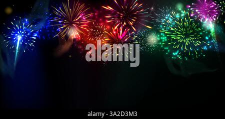 Feuerwerk und Feuerwerkskörper - bunte, funkelnde Displays explodieren am Nachthimmel. Festliche funkelnde Pyrotechnik erhellt dunklen Hintergrund mit hellen Farben für lebhafte Feiertage. Stock Vektor