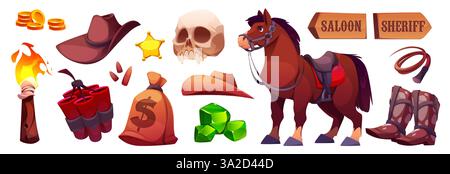 Wild West Element Set - Cowboyhut und Sheriff Star, Schädel und Pferd mit Sattel, Holzschilder und Flammenlampe, Dynamit Sticks, Geldbeutel, Lederstiefel und Lassoseil. Westliche Zeichentricksymbole. Stock Vektor