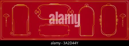 Chinesische goldene Rahmen isoliert auf rotem Hintergrund. Realistische Vektor-Illustration von eleganten glänzenden ovalen und rechteckigen Rahmen, asiatischen Stil Design-Elemente für Neujahrskarte, Poster oder Banner Stock Vektor