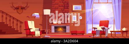 Gemütliches Chalet-Wohnzimmer mit Kamin und Blick auf die Berge im Winter. Vektor-Zeichentrickillustration des Luxus-Haus- oder Hotellobby-Innenraums, Holzmöbel und Treppen, Stehlampe in der Nähe von Sesseln, Teetisch Stock Vektor