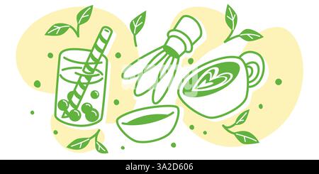 Matcha Tee Zeremonie Set Illustration - Bambus Schneebesen chasen, Schüssel chawan, grüner Tee Pulver, Blätter Kritzelvektor für traditionelles japanisches Ritual, gesundes Antioxidans Getränk, Bio Café Menü Design. Stock Vektor