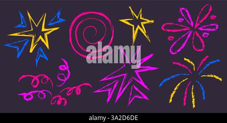 Neon-Feuerwerk-Buntstifte - leuchtend rosa Spirale, gelbe Starburst mit Stachelspitze, wirbelnde Formen. Energiegeladene, handgezeichnete Elemente für Feierlichkeiten – leuchtende Sterne, Weihnachtsglitzer, festliches Dekorationsset. Stock Vektor