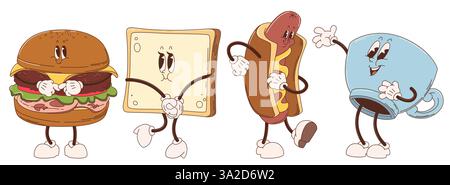 Retro-Frühstücksfiguren isoliert auf weißem Hintergrund. Vektor-Karikaturillustration von Burger, Butter Toast, Hot Dog, Kaffeetasse Maskottchen lächelnd, süße Lebensmittel Ikonen für Café, Restaurant Menü Design Stock Vektor