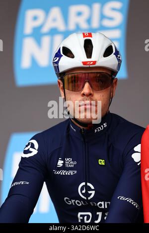 Saint Just En Chevalet, Frankreich. März 2025. Französische Remi Cavagna von Groupama-FDJ, dargestellt am Beginn der fünften Etappe des 83. Rennens Paris-Nizza, 196, 5 km von Saint-Just-en-Chevalet nach La Cote-Saint-Andre, Frankreich, Donnerstag, 13. März 2025. BELGA FOTO DAVID PINTENS Credit: Belga News Agency/Alamy Live News Stockfoto