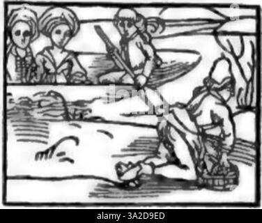 Dieser Stich von Albrecht Dürer zeigt seine Präzision in detaillierten Linienarbeiten und seine Beherrschung des Mediums. Dürers geschickter Umgang mit Kontrast und feinen Details prägt seinen Stil der Nördlichen Renaissance. Stockfoto