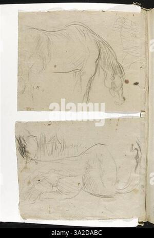 Diese Zeichnung zeigt ein Pferd im Profil, das sich auf die natürliche Struktur und Bewegung des Tieres konzentriert. Chassériau erfasst die Form des Pferdes mit großer Präzision. Stockfoto