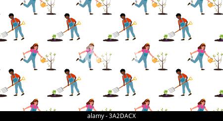 Kinder arbeiten im Garten und Pflanzen Bäume, während sie im Frühling Outdoor-Aktivitäten genießen Stock Vektor