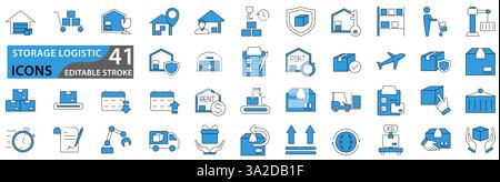 Symbole für Logistiklager festgelegt. Speichersymbole. Sammlung von Symbolen für Terminallogistik. Linie mit bearbeitbarer Kontur Stock Vektor