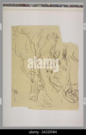 Diese Zeichnung zeigt mehrere Pferdeköpfe, die sich auf die Details und anatomischen Merkmale der Pferde konzentrieren. Chassériaus Studie betont ihre ausdrucksstarken Gesichter. Stockfoto