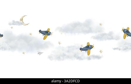 Ein blaues Kinderflugzeug fliegt in flauschigen Wolken auf einem nahtlosen Muster. Aquarellillustration im digitalen Stil. Niedliche Sterne und ein lustiges Flugzeugspielzeug Stockfoto