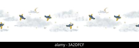 Ein blaues Kinderflugzeug fliegt in flauschigen Wolken auf einem nahtlosen Muster. Aquarellillustration im digitalen Stil. Niedliche Sterne und ein lustiges Flugzeugspielzeug Stockfoto